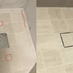 Före och efter bild på ett badrumsgolv där man ska byta golvbrunn. Den gamla brunnen är borttagen och en ny, modernare, är installerad.