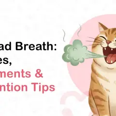 Un chat tigré aux yeux fermés émet une vapeur verte, signe d'un chat mauvaise haleine. Le texte indique "Cat Bad Breath: Causes, Treatments & Prevention Tips".