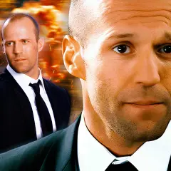 Jason Statham, który grał Transportera, w garniturze na tle wybuchów.