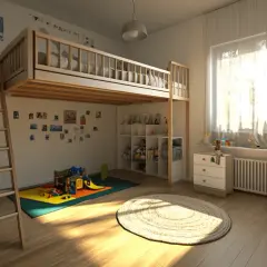 Spielzimmer mit Hochbett, Rutsche und vielen Spielsachen. Tolle kinder ideen unterm hochbett für Abenteuer.