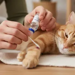 Persona aplica un antiséptico a una herida en la pata de un gato. Se observan varios tipos de heridas en gatos, y esta es una de ellas.