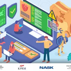 Ilustracja przedstawia walkę z **malware**. Ludzie i robot chronią dane przed zagrożeniami, symbolizowanymi przez konia trojańskiego i wirusy.