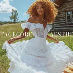 Mujer con vestido blanco voluminoso en un prado verde, con una cabaña de madera al fondo. Estética cottagecore.