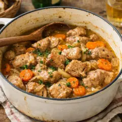 Un réconfortant sauté de porc mijoté avec des carottes et des oignons, garni de persil frais. Un plat parfait pour un repas convivial.