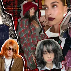 Collage of celebrities channeling 90s art styles: Courtney Love, Kurt Cobain, Megan Fox, Hailey Bieber, Florence Pugh, and Billie Eilish.
