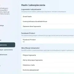 Ustawienia konta Meta: Hasło i zabezpieczenia, w tym logowanie i odzyskiwanie, uwierzytelnianie dwuskładnikowe, zapisane dane logowania, Facebook Protect, weryfikacje tożsamości, miejsca logowania, alerty dotyczące logowania.