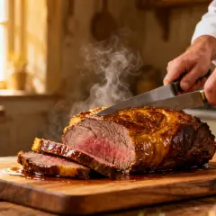 Un chef tranche un roti de boeuf juteux et fumant sur une planche en bois. La viande est rosée à cœur, avec une croûte dorée et appétissante.