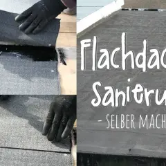 Schritt-für-Schritt-Anleitung zum Flachdach erneuern: Hände mit Handschuhen tragen Bitumen auf die Dachbahnen auf.