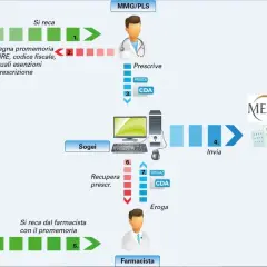 Flusso di una ricetta breve: assistito dal medico al farmacista, con passaggio dati a Sogei e MEF.