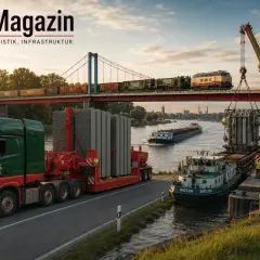 Ein gelber Kran hebt eine schwere Last von einem Schiff. Ein Zug fährt über eine Brücke, während ein LKW mit Spezialtransport am Ufer wartet. So wird schwere Last transportiert.