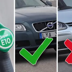 Grön pump med "Super E10" och en Volvo med bock, bredvid en VW med kryss. Välj rätt bränsle för din bil, e5 e10 bensin eller diesel.