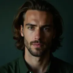 Junger Mann mit langem, welligem Haar und einem lässigen bro flow. Seine Geheimratsecken sind dezent, was seinem Gesicht einen markanten Ausdruck verleiht.