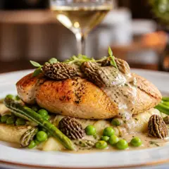 Un plat raffiné de ce type de volaille, garni de morilles, d'asperges et de purée.