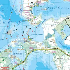 Mapa pokazuje, gdzie są Mazury: Jezioro Mamry, Jezioro Święcajty, Jezioro Harsz i inne.