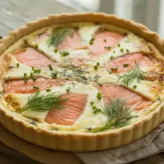 Une délicieuse quiche au saumon, garnie d'aneth frais et de ciboulette, prête à être dégustée.