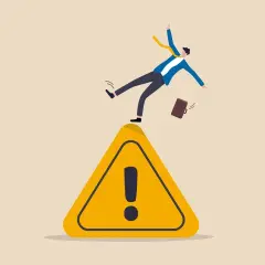 Un uomo d'affari scivola su un segnale di pericolo. Il suo maldestro tentativo di recuperare l'equilibrio è un chiaro esempio di come il near miss è una lezione preziosa.