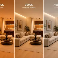 Tres ambientes de salón con diferente temperatura de luces: cálida, cálida brillante y neutra.