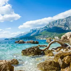 Skalista plaża nad turkusowym morzem egejskim, z górami w tle i dryfującym drewnem na pierwszym planie.