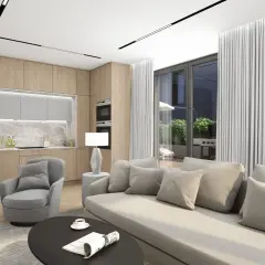 Nowoczesny salon z aneksem kuchennym, idealny dla pekabex development. Jasne drewno, szare tekstylia i duży balkon tworzą przytulną przestrzeń.