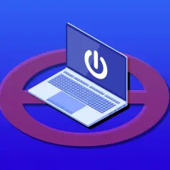 Laptop z symbolem zasilania na ekranie, otoczony przekreślonym okręgiem, na niebieskim tle.