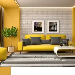 Nowoczesny salon z żółtą kanapą i szarymi poduszkami. Połączenie szarego z żółtym tworzy energetyczną, ale i spokojną atmosferę.