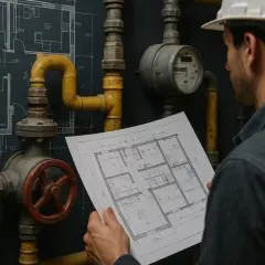 Inżynier w kasku analizuje projekt instalacji gazowej, przygotowując zlecenie wykonania usługi gazowniczej.