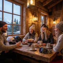 Czworo przyjaciół cieszy się przytulnym apres ski w drewnianej chacie, z widokiem na ośnieżone góry.