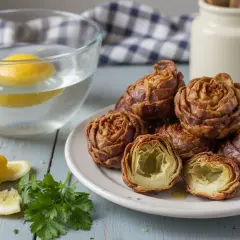 Artichauts frits dorés, un délice d'artichaut à la romaine, servis avec des citrons et du persil frais.