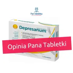 Opakowanie suplementu diety Depresanum, zawierającego m.in. mianserynę, z napisem "Opinia Pana Tabletki".