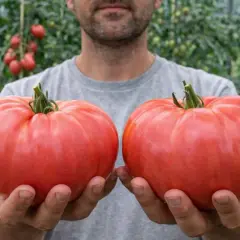 Mężczyzna trzyma dwa gigantyczne, różowe pomidory. W szklarni widać wiele innych odmian pomidorów.