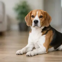 Uroczy beagle leży na podłodze, obok miski. Jego waga jest idealna, co widać po zgrabnej sylwetce.