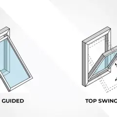 Ilustracje pokazują dwa sposoby otwierania okien: "top guided" (uchylne od góry) i "top swing" (obrotowe od góry).