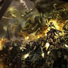 Orkowie w szale **waaagh!** szarżują, strzelając i walcząc w chaosie bitwy. Wielkie maszyny i zielonoskórzy wojownicy sieją zniszczenie.