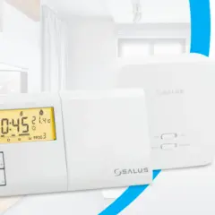 Dowiedz się, jak ustawić temperaturę na sterowniku Salus. Wyświetlacz pokazuje aktualną godzinę i temperaturę.
