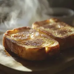 Två gyllene fattiga riddare ångar på en träbricka, redo att avnjutas med en kopp kaffe i bakgrunden.