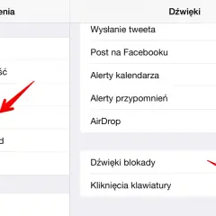 Ustawienia telefonu, sekcja Dźwięki. Czerwona strzałka wskazuje opcję "Kliknięcia klawiatury", która pozwala wyłączyć dźwięk klawiatury.