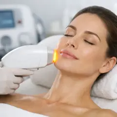 En kvinna får en ansiktsbehandling med en ipl laser.