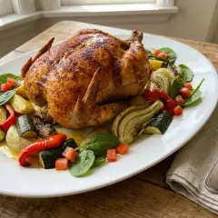En hel, gyllene grillad kyckling serveras på ett fat med rostade grönsaker som zucchini, paprika och fänkål, garnerad med spenat och tomat.