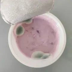 Yogurt viola con muffa verde visibile. La muffa nello yogurt indica che non è più commestibile.