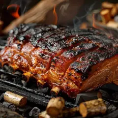Un morceau de viande savoureux sur un gril, avec des braises et des flammes. Le fumage à chaud lui donne une croûte caramélisée et appétissante.