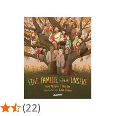 Eine bunte, vielfältige Gruppe von Menschen, von Großeltern bis zu Babys, sitzt und steht auf den Ästen eines großen Baumes. Sie repräsentieren eine Familie wie unsere.