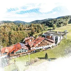 Malowniczy hotel meta w otoczeniu jesiennych lasów i zielonych wzgórz. Widok z lotu ptaka na architekturę i krajobraz.
