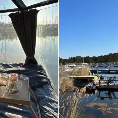 Sov gott i en glaskupol med frukostbricka och utsikt över båtar vid Gräddö camping.