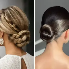 Dos moños bajos elegantes: uno trenzado rubio y otro liso oscuro.