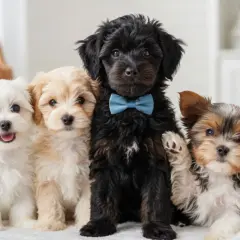 Cuatro cachorros adorables, ejemplos de razas de perros pequeños y cariñosos, posan juntos. Uno lleva un pajarita azul.
