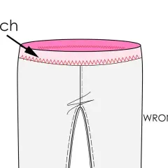 Illustration showing the wrong side of a garment with a pink casing and red zigzag stitch, indicating a step in casing sewing.