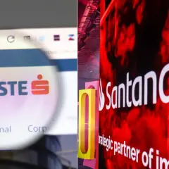 Ekran z logo Erste Group i zbliżenie na napis Santander, sugerujące księgowanie w banku.