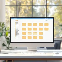 A computer screen displays a digital asset management (DAM) interface, showcasing a well-organized digital asset management folder structure with various categorized folders.
