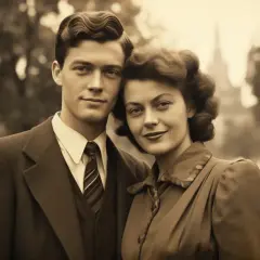 Para młodych w stylu retro, jakby ożywianie zdjęć. Elegancki mężczyzna w garniturze i kobieta w sukience z lat 40.