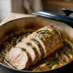 Un délicieux roti de porc cocotte, tranché et baignant dans une sauce savoureuse aux herbes et oignons.